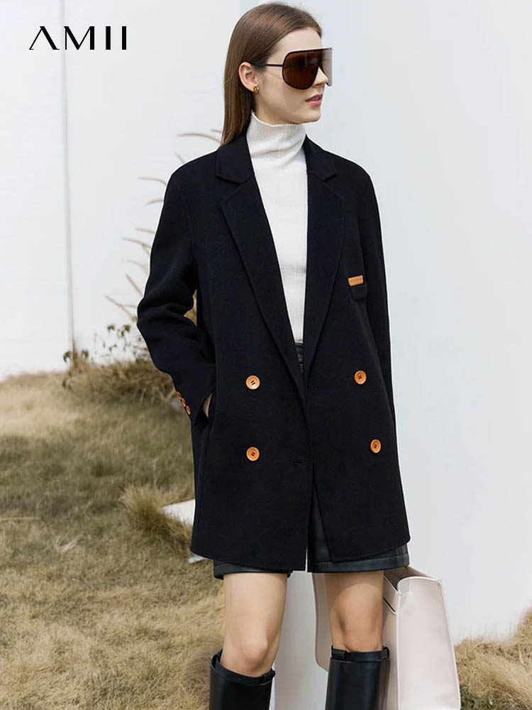 Wool Coat Peacoat - AMII Minimalist Woolen Coat for Women