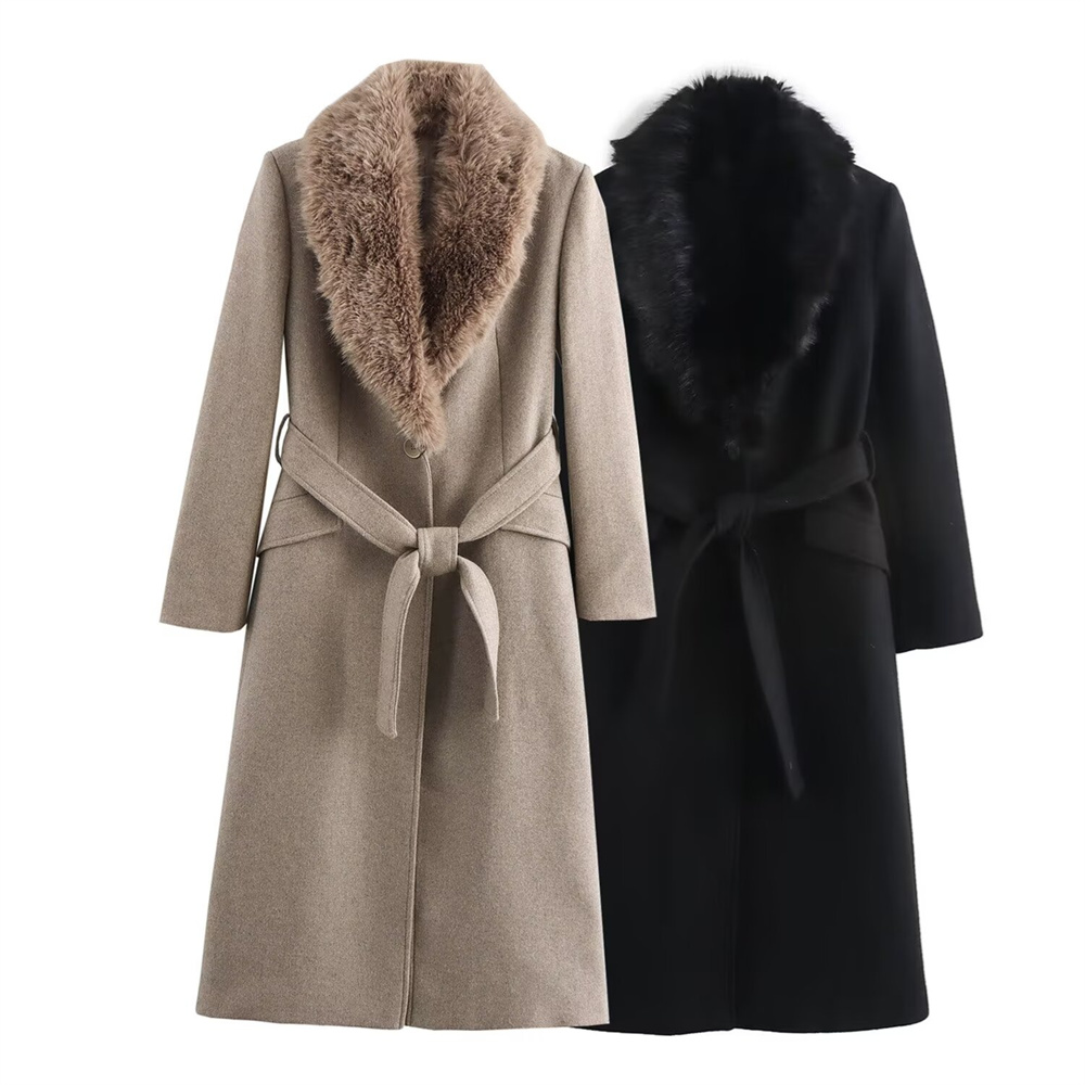 Women's Belt Warm Fur Collar C - Wool Coat Peacoat 评论和价格