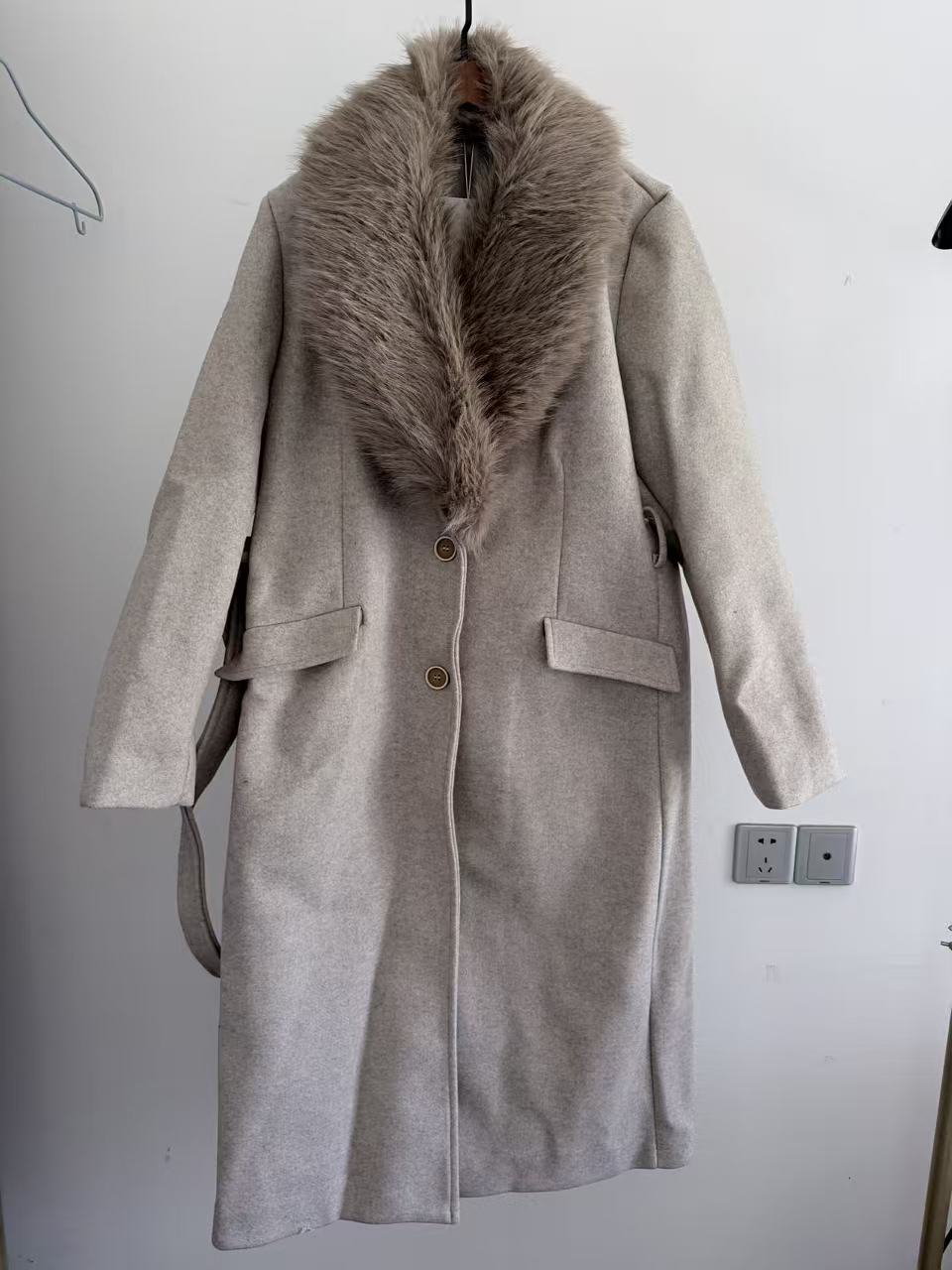 Women's Belt Warm Fur Collar C - Wool Coat Peacoat 评论和价格
