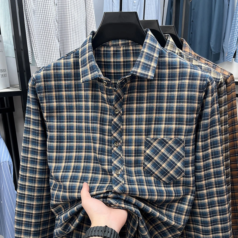 Men's Lapel Collar Plaid Shirt - Flannel Shirt Lined 评论和价格