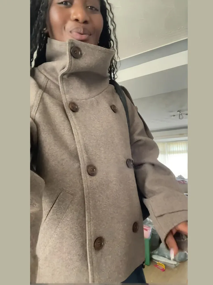 Stand Collar Short Brown Women - Wool Coat Peacoat 评论和价格